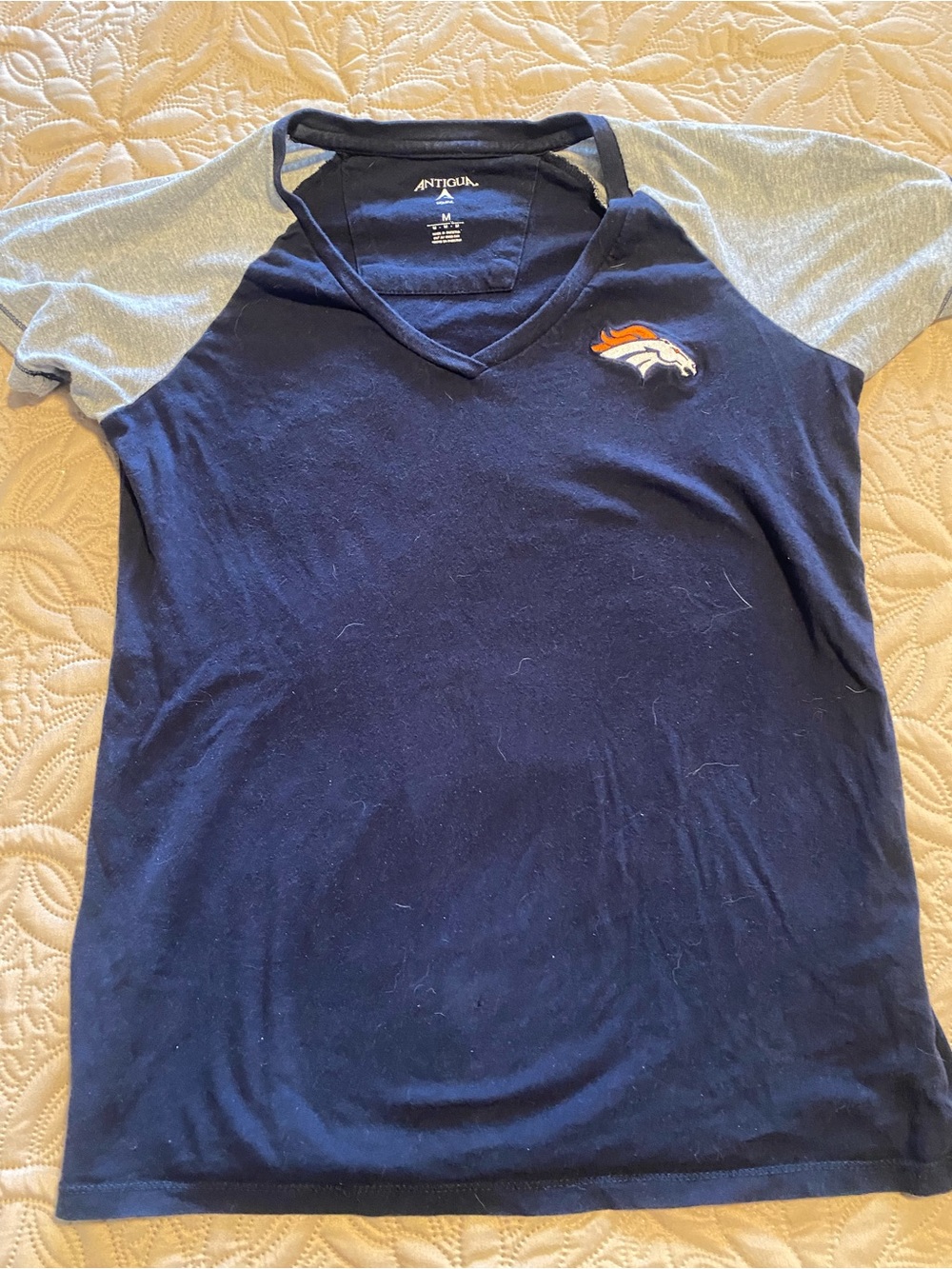 Antigua Denver Broncos Navy V-Neck Short Sleeve Tee with Gray Sleeves
